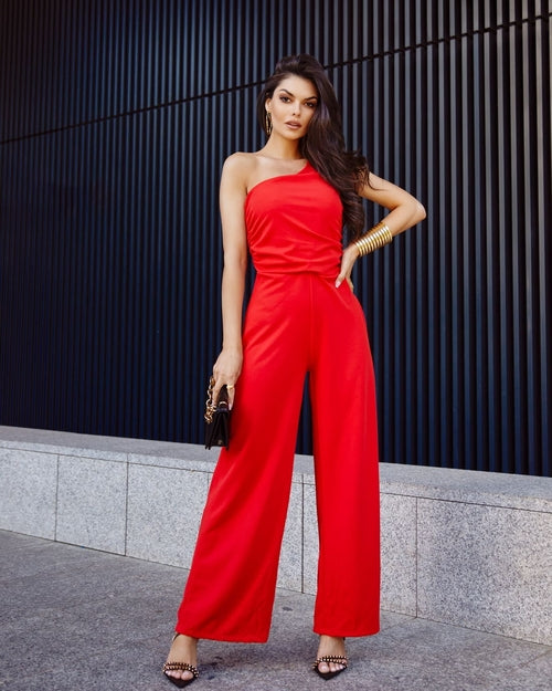 Elegant one-shoulder jumpsuit with wide legs, red 23560