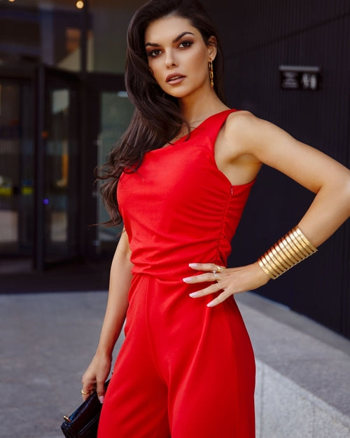 Elegant one-shoulder jumpsuit with wide legs, red 23560