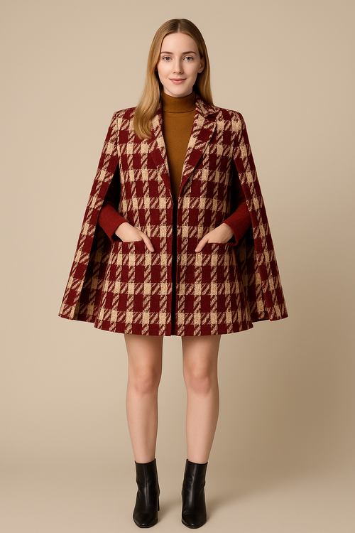 Houndstooth Woolen Cape Coat & Shorts – Elegant & Fashionable Set