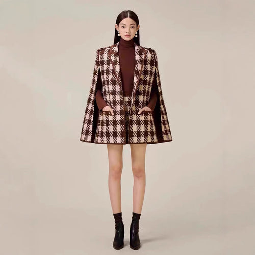 Houndstooth Woolen Cape Coat & Shorts – Elegant & Fashionable Set