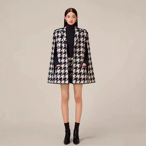 Houndstooth Woolen Cape Coat & Shorts – Elegant & Fashionable Set