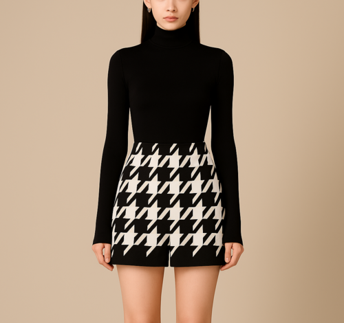 Houndstooth Woolen Cape Coat & Shorts – Elegant & Fashionable Set