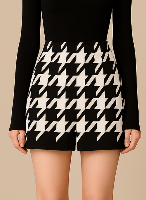 Houndstooth Woolen Cape Coat & Shorts – Elegant & Fashionable Set