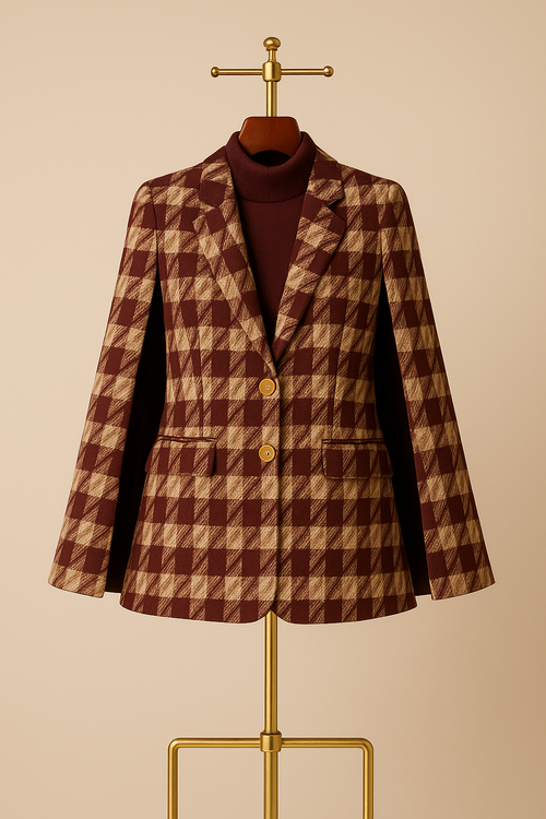 Houndstooth Woolen Cape Coat & Shorts – Elegant & Fashionable Set