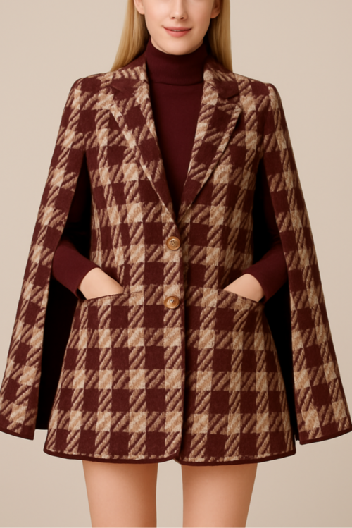 Houndstooth Woolen Cape Coat & Shorts – Elegant & Fashionable Set