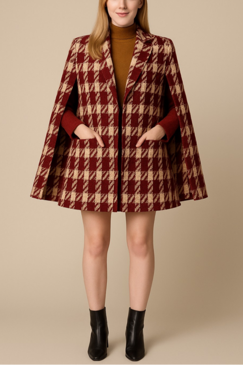 Houndstooth Woolen Cape Coat & Shorts – Elegant & Fashionable Set