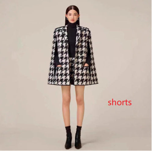 Houndstooth Woolen Cape Coat & Shorts – Elegant & Fashionable Set